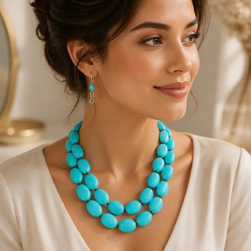 Chunky Howlite Turquoise Double Strand Bead Necklace with Earring Curated  2 Set